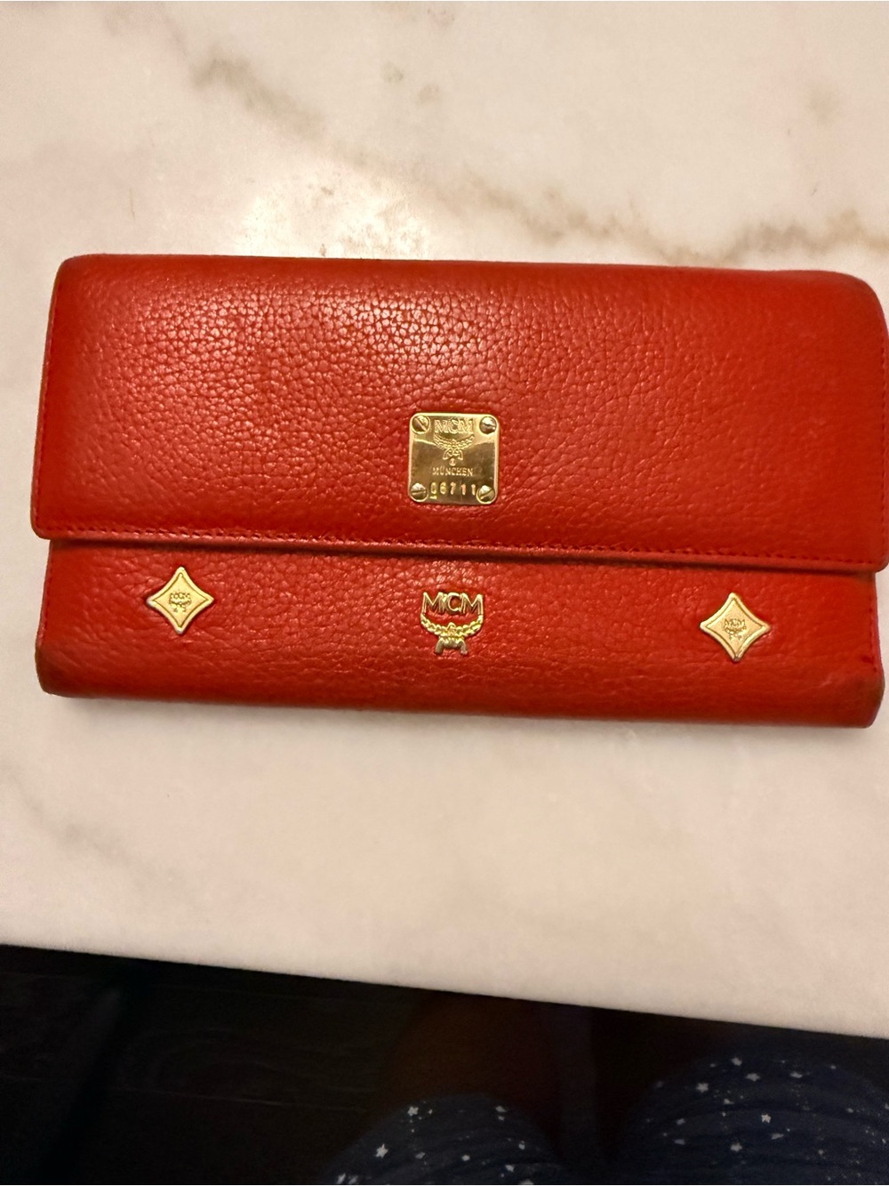 MCM Red Pebbled Leather Continental Wallet with Gold Accents - Picture 2 of 12